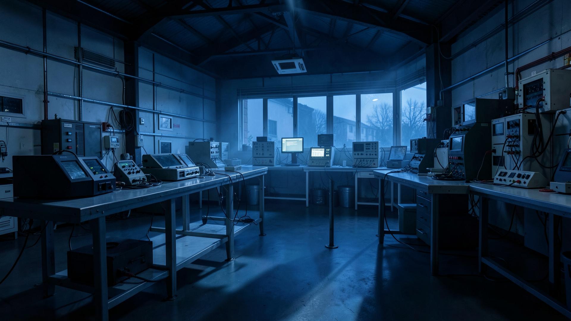 Industrial instrument workshop and calibration facility with test equipment on steel benches