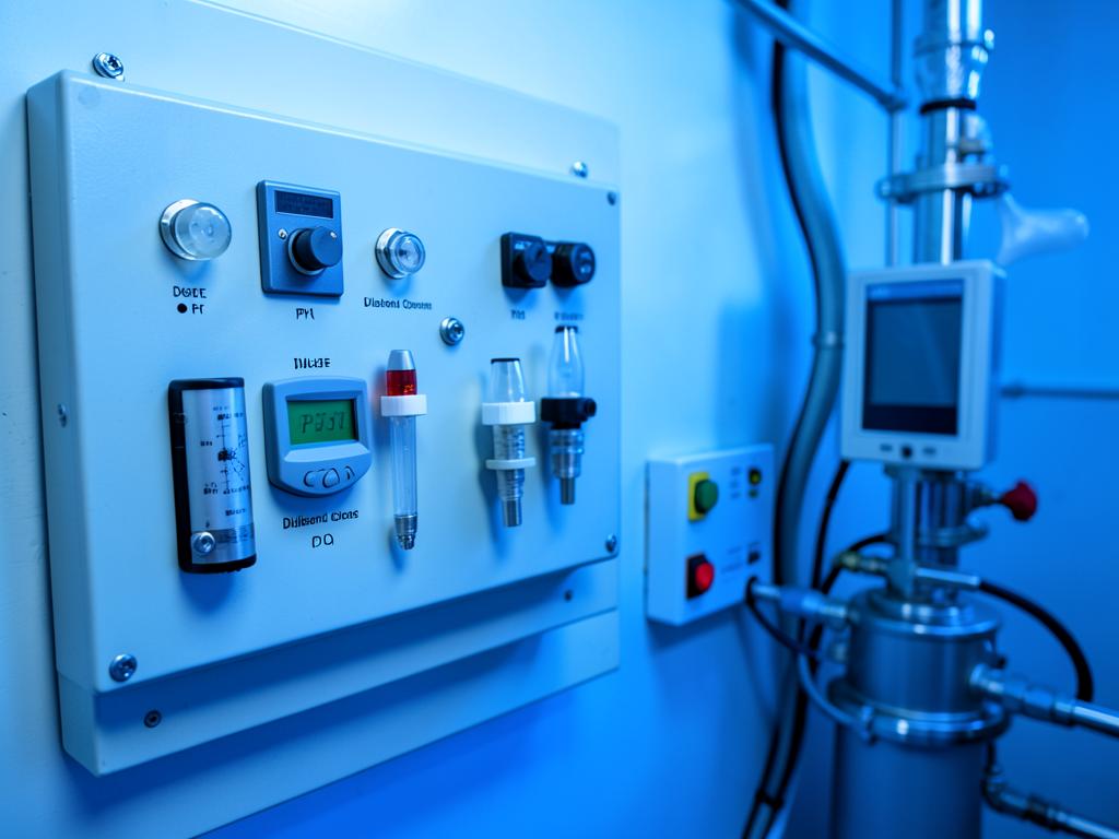 Analytical instrumentation panel with pH and dissolved oxygen sensors on a sampling skid