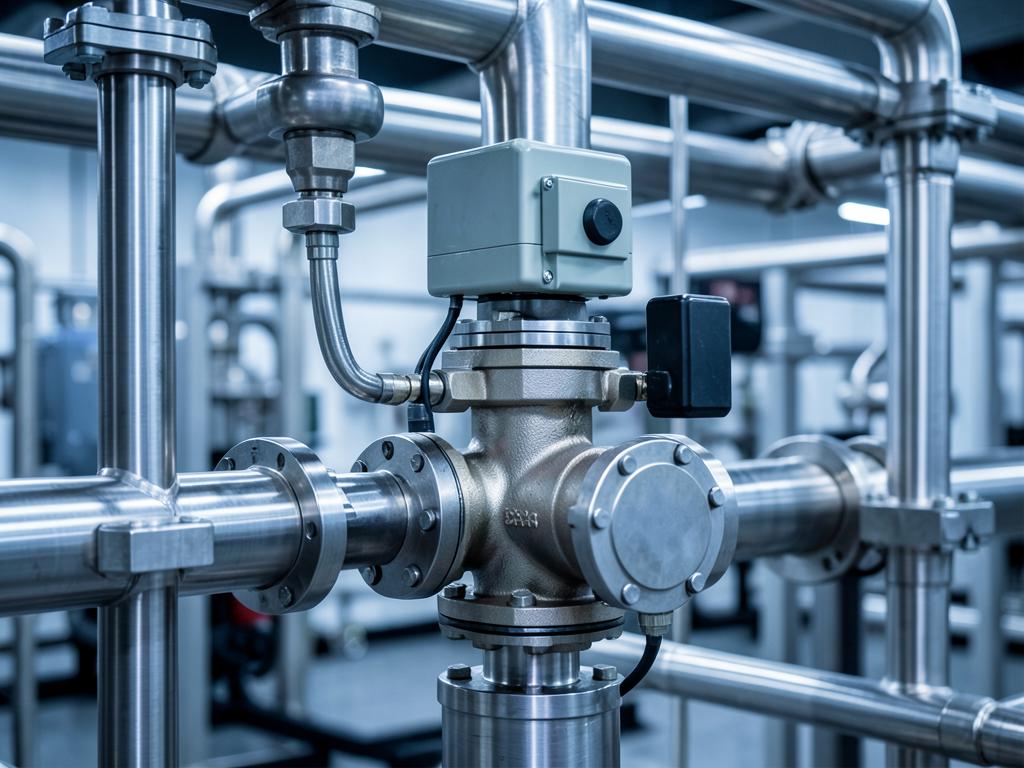 Industrial control valve with pneumatic actuator installed on stainless steel process piping