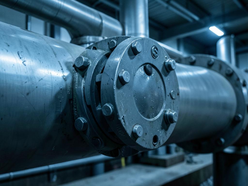 Flow meter installed between flanged sections of a large industrial pipeline