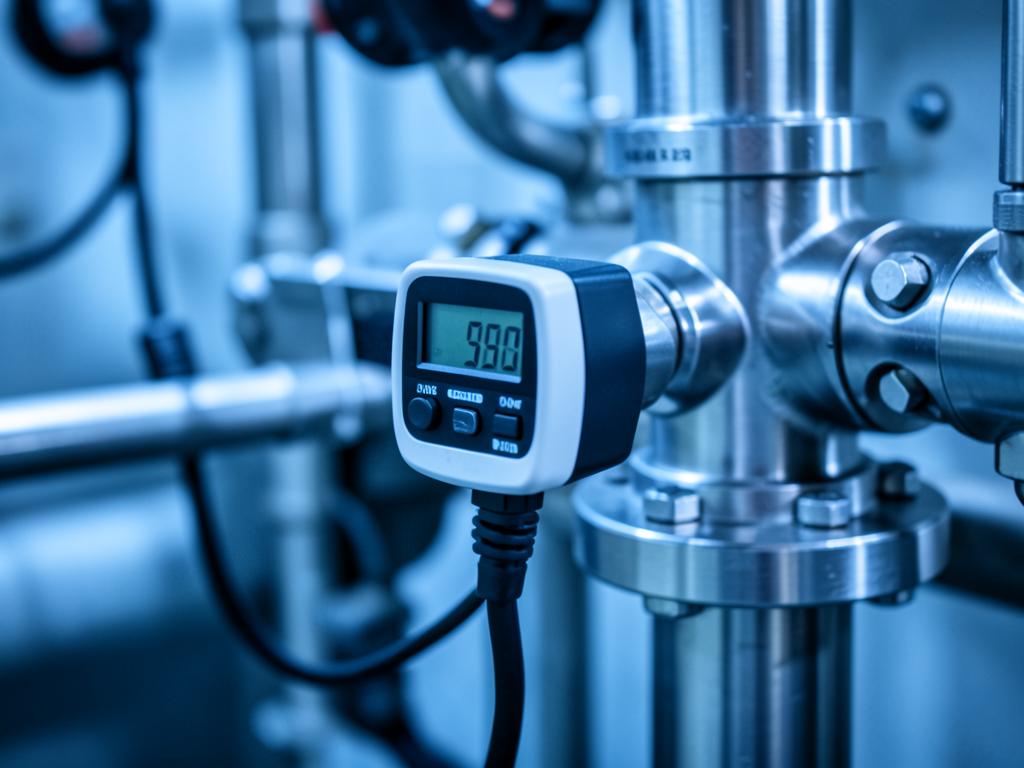 Pressure transmitter with digital display mounted on a stainless steel process manifold