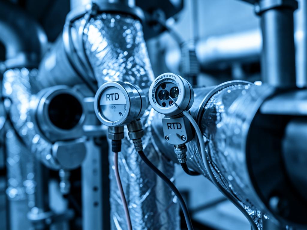 RTD temperature probes and transmitters mounted on insulated industrial piping