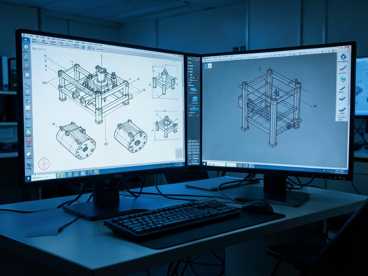 CAD workstation showing engineering drawings in a dark technical office