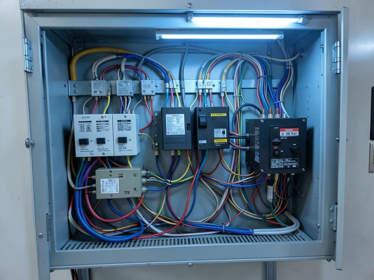 Electrical control panel interior with variable speed drives and neatly loomed wiring