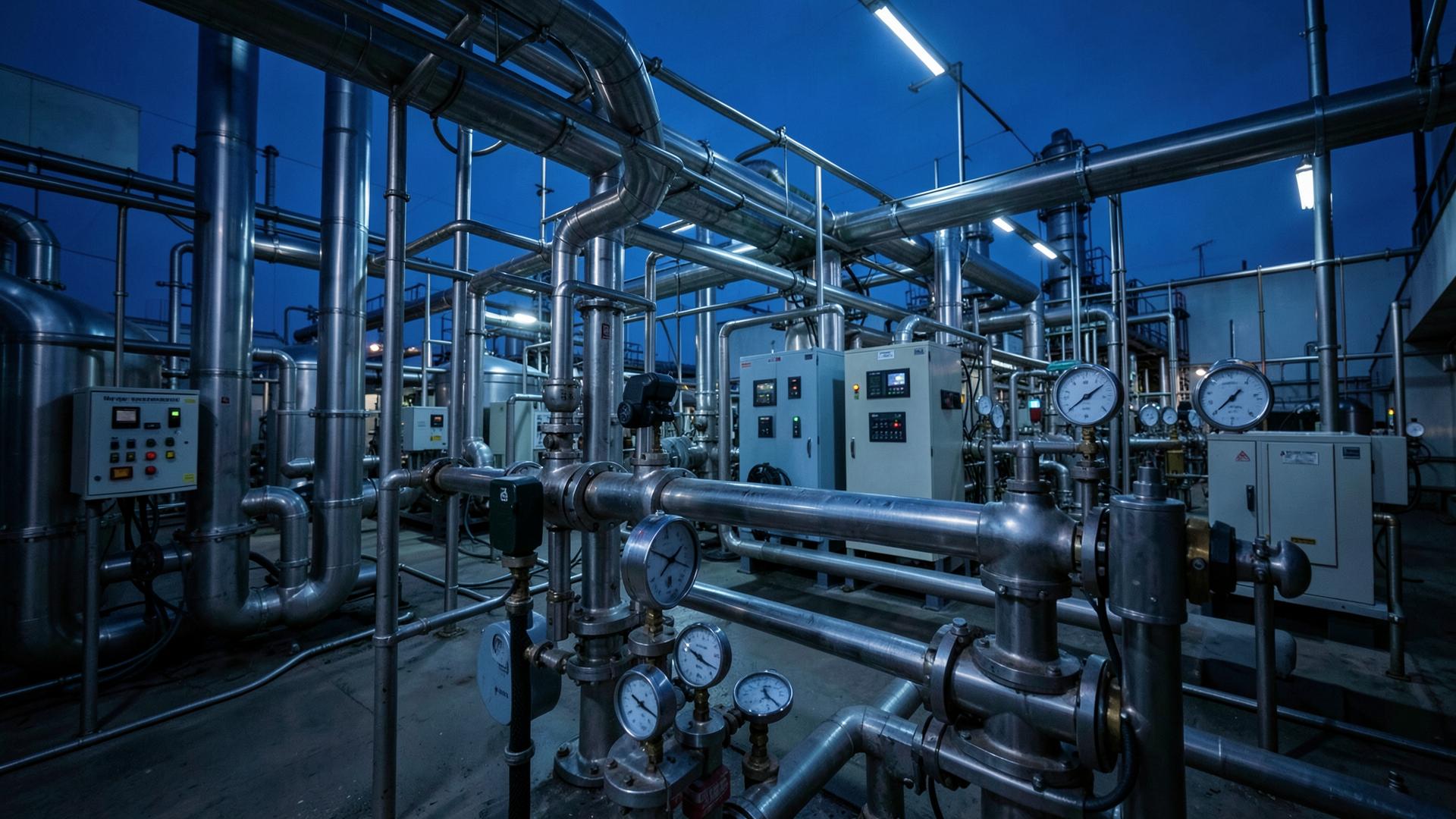 Industrial process plant at dusk with stainless steel piping, pressure gauges and control cabinets