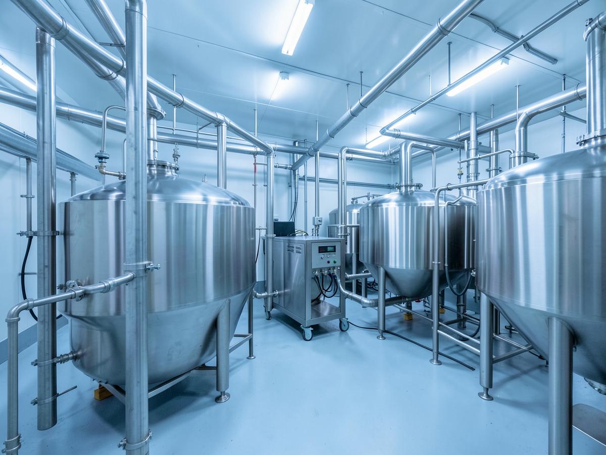 Hygienic food and beverage processing plant with stainless steel tanks and sanitary piping