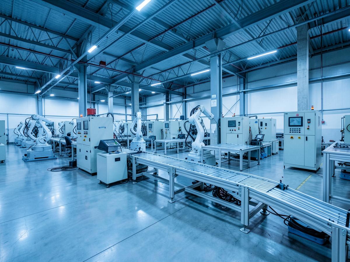 Manufacturing plant floor with robotic assembly cells and control panels