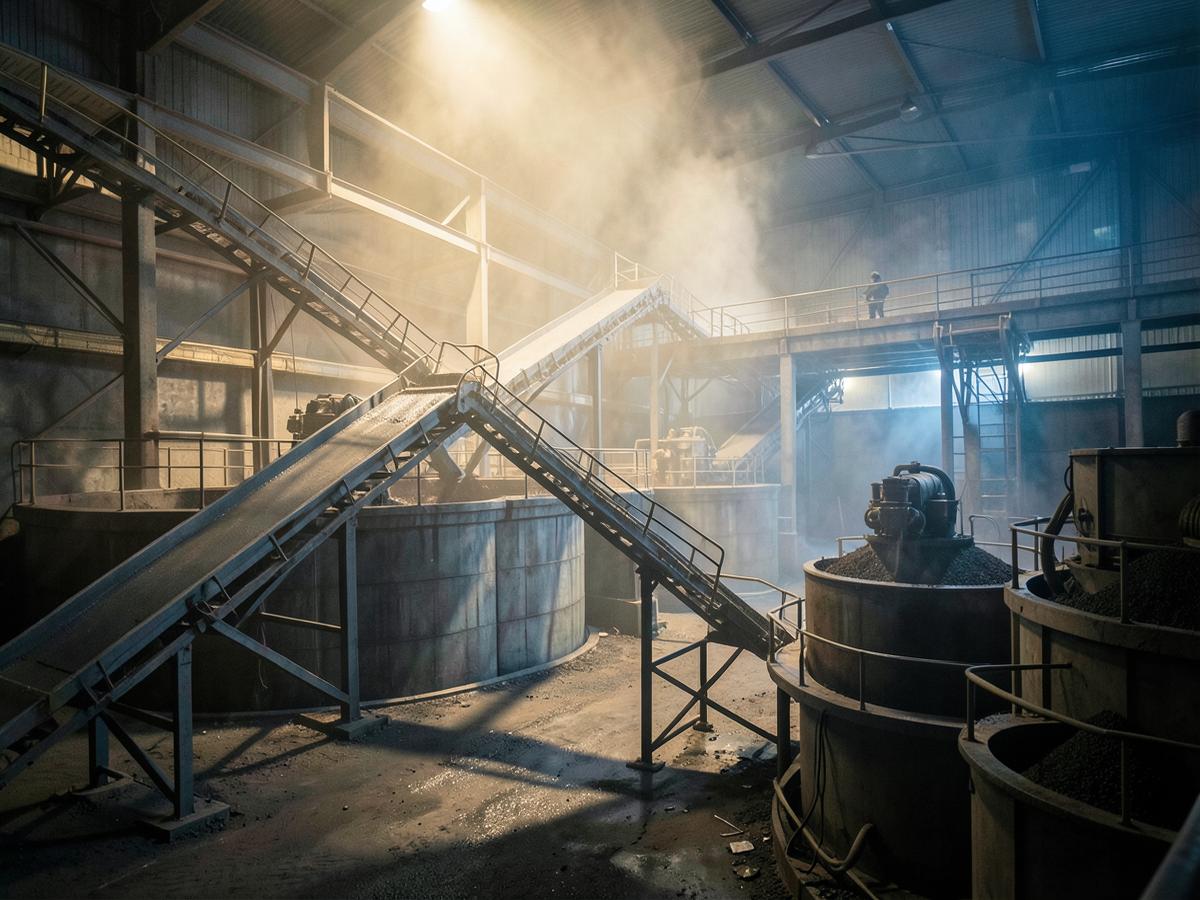 Minerals processing plant interior with conveyors and thickener tanks