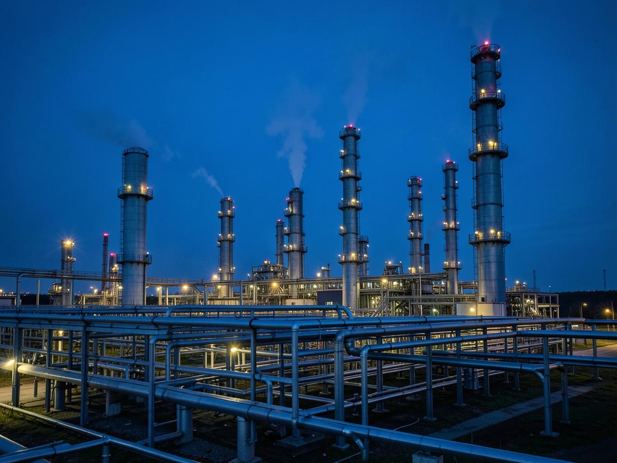 Petrochemical refinery with distillation columns and pipe racks at blue hour