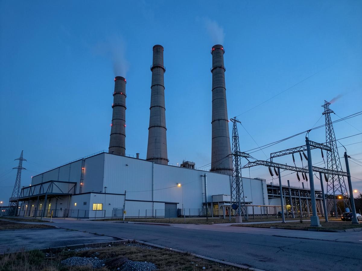 Power station with stacks, turbine hall and high-voltage switchyard at dusk