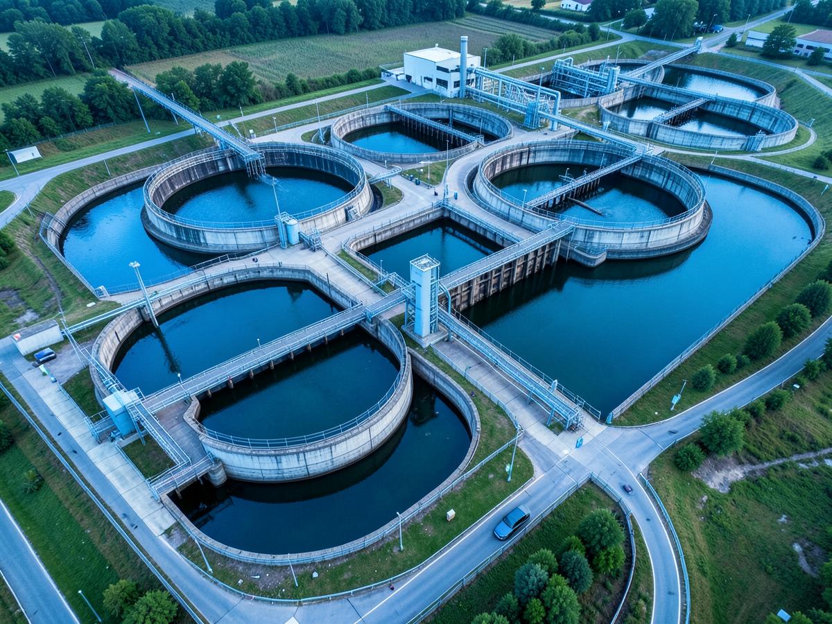 Aerial view of a water treatment works with circular clarifiers and filtration basins