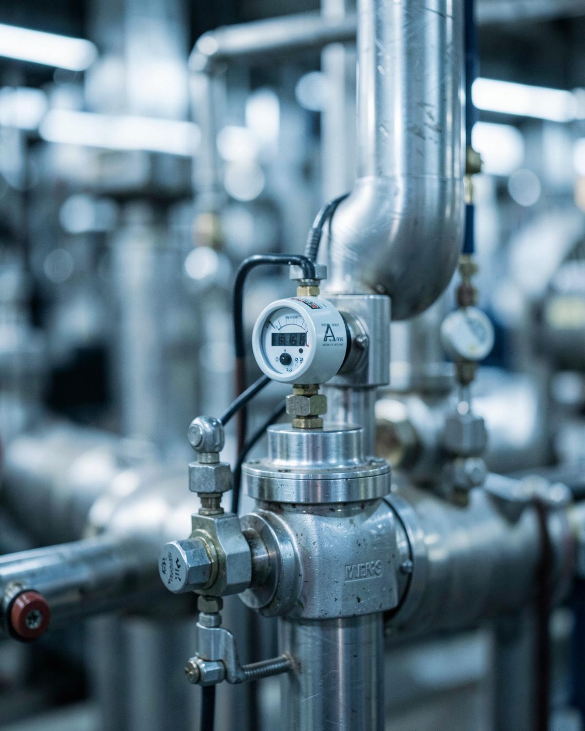 Close-up of a pressure transmitter and manifold valves on stainless steel process piping
