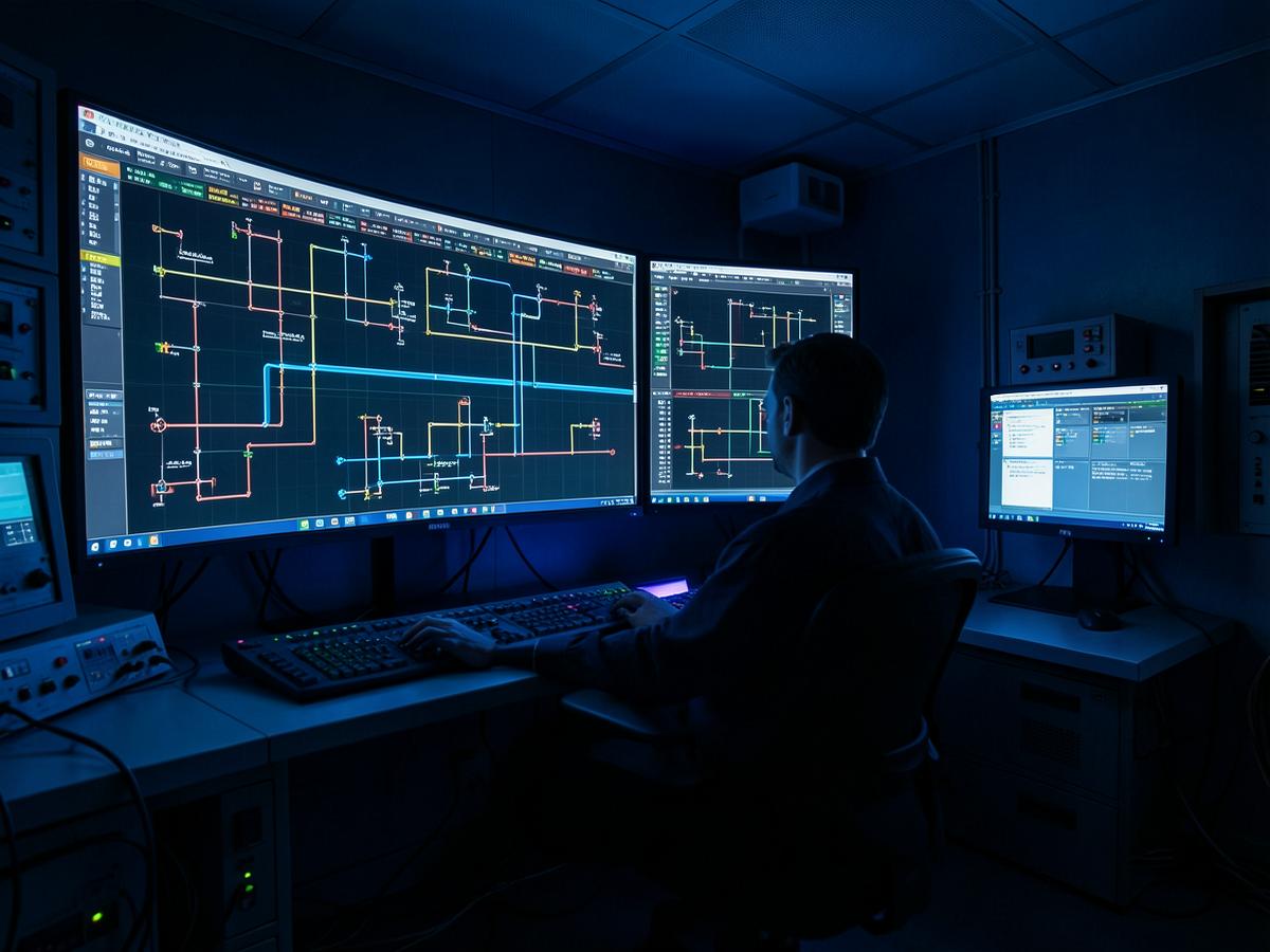 Industrial control room with SCADA process screens showing plant instrumentation