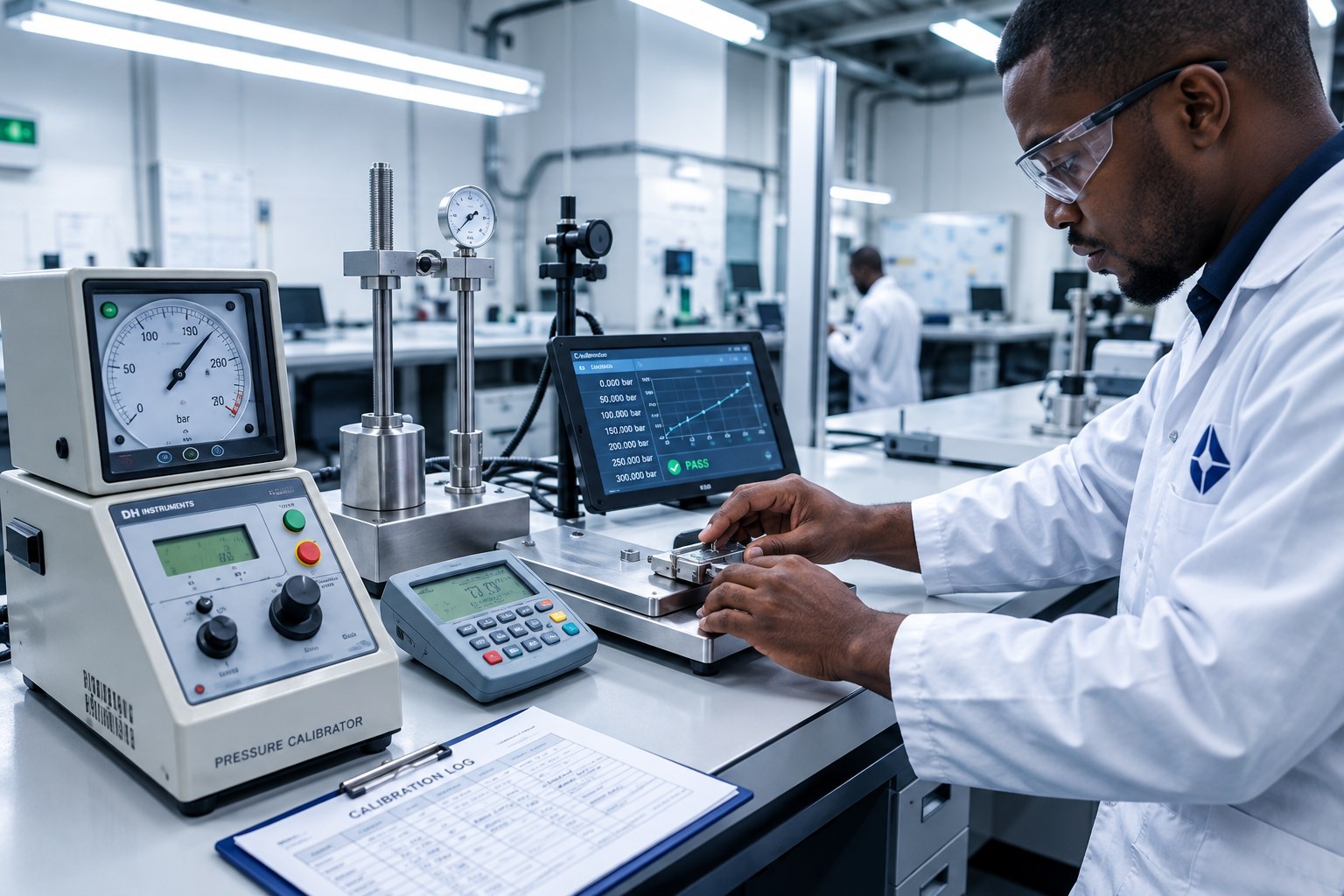 Instrument calibration bench with pressure calibrator and test equipment in a clean laboratory