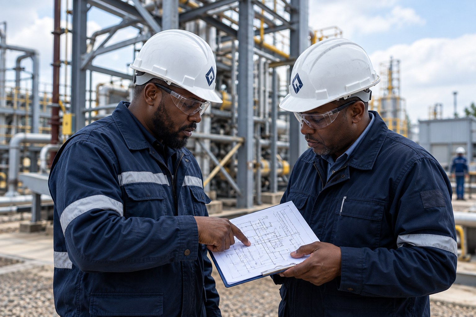 Two engineers reviewing a piping and instrumentation drawing beside a process plant