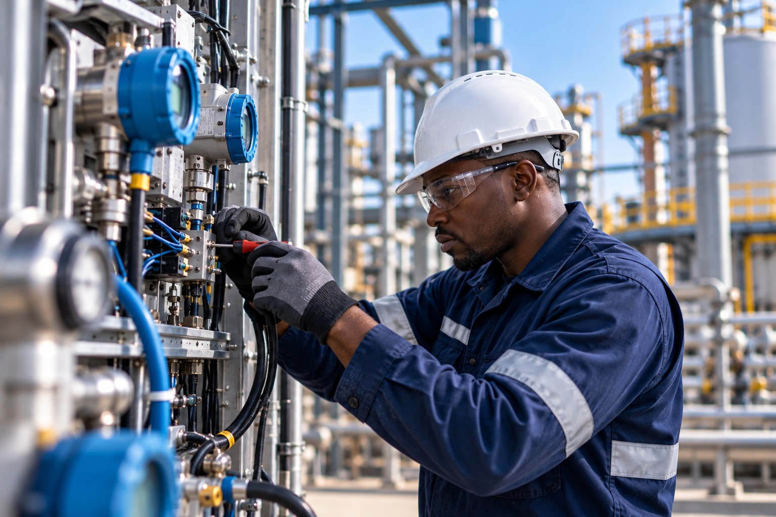 Instrumentation technician wiring a field instrument junction box on a process plant