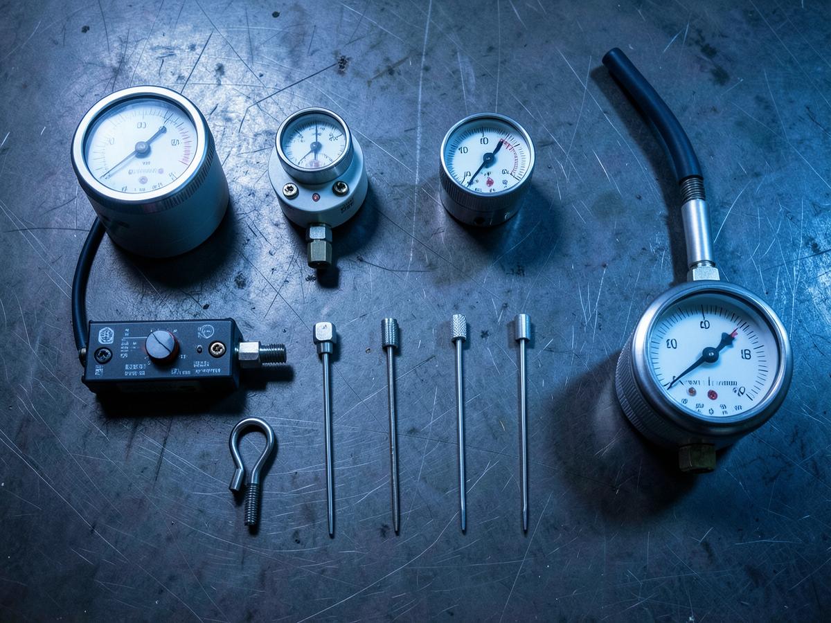 Industrial pressure gauges, transmitters and temperature probes laid out on a steel workbench
